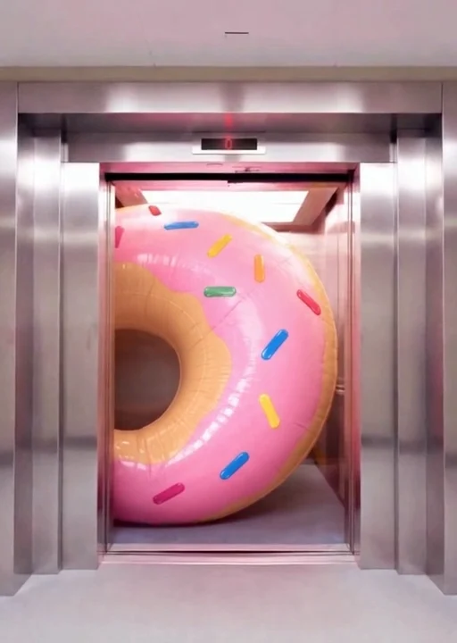 A pink donut pool float revealed behind open elevator doors.